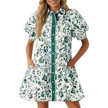 Wenrine Womens Mini Dress Summer Casual Short Puff Sleeve Floral Collared V Neck Loose Button Dow... | Amazon (US)