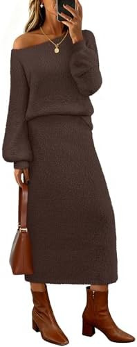 MEROKEETY Women's 2025 Fall Fuzzy 2 Piece Outfit Winter Long Sleeve Off Shoulder Pullover Top Mid... | Amazon (US)