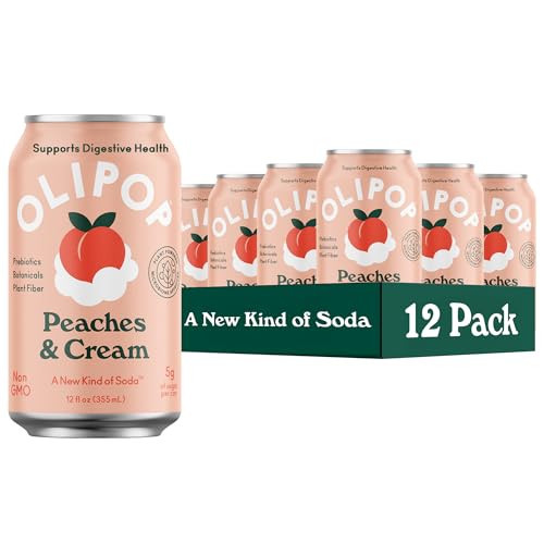 OLIPOP Prebiotic Soda Pop, Peaches & Cream, A New Kind of Soda Packed with Prebiotics, Fiber, and Botanicals, Gluten Free, Vegan, GMO Free, 12oz (12-Cans) | Amazon (US)