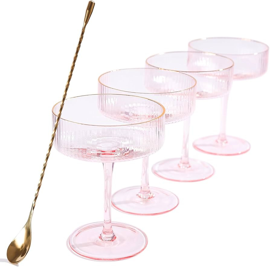 Pink Vintage Ribbed Coupe Glasses Set, Gold Rim, 10 oz - Perfect for Cocktails, Champagne, Martin... | Amazon (US)