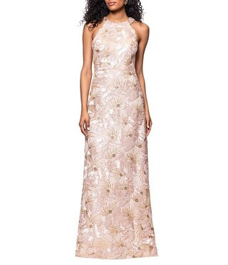 Floral Sequin Soutache Halter Sleeveless A-Line Gown | Dillard's