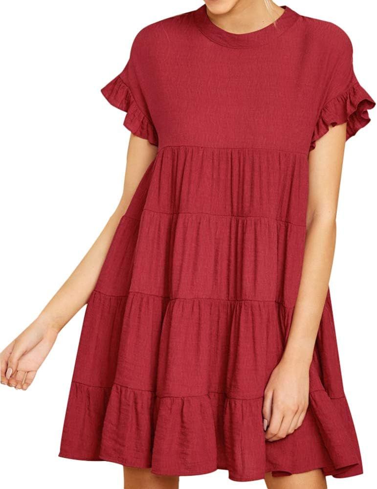 Women’s O Neck Ruffle Short Sleeve Tiered Casual Mini Dress | Amazon (US)