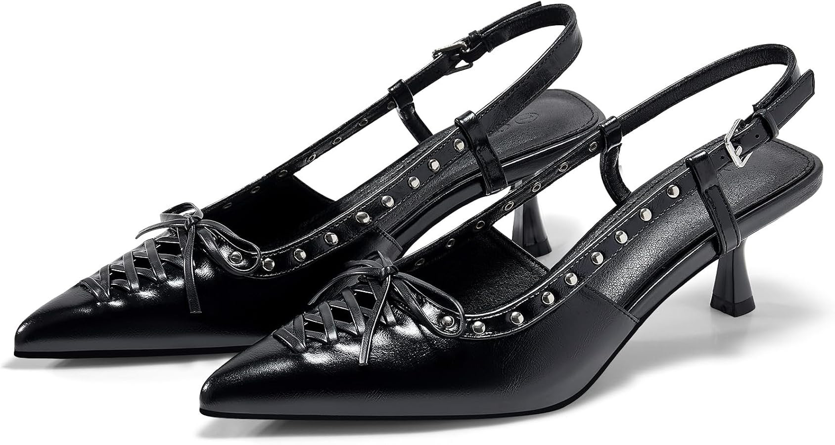 Coutgo Womens Slingback Kitten Heels Closed Pointed Toe Low Heel Dress Shoes Studded Bow Pumps | Amazon (US)