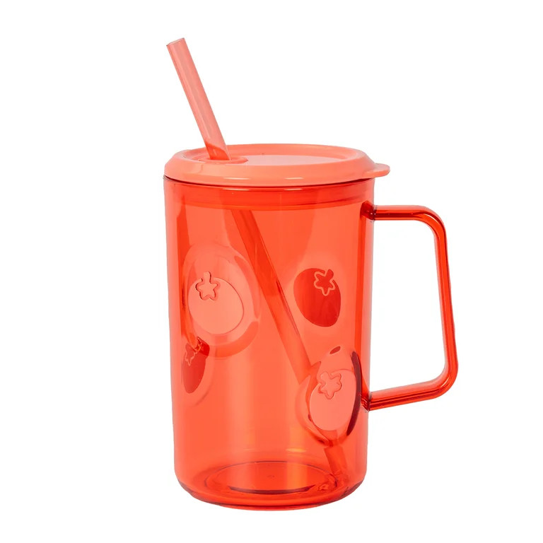 Mainstays 20oz Plastic Mug with Lid, Straw & Handle, Orange, Tomato | Walmart (US)