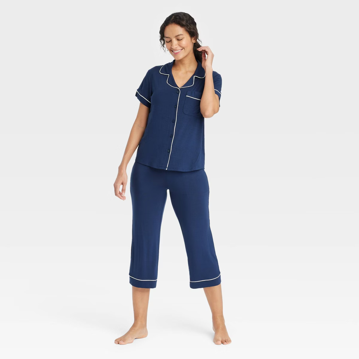 Women's Cloud Knit Short Sleeve Notch Collar Top and Cropped Pants Pajama Set - Auden™ Navy Blu... | Target