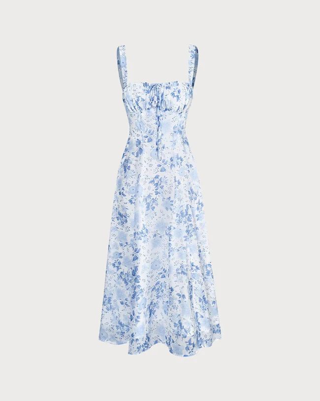 The Blue Square Neck Floral Ruched Midi Dress & Reviews - Blue - Dresses | RIHOAS | rihoas.com