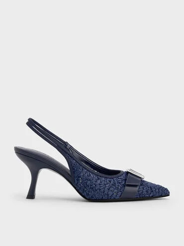 Raffia Buckled Pointed-Toe Slingback Pumps
 - Dark Blue | Charles & Keith US