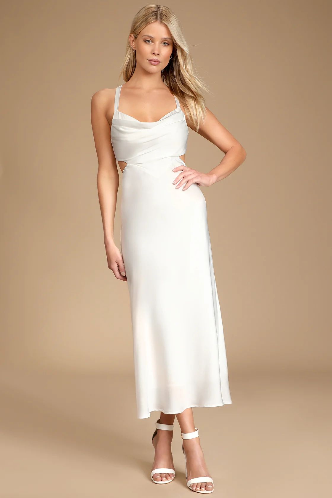 Stun to Remember White Satin Cowl Neck Cutout Midi Dress | Lulus (US)