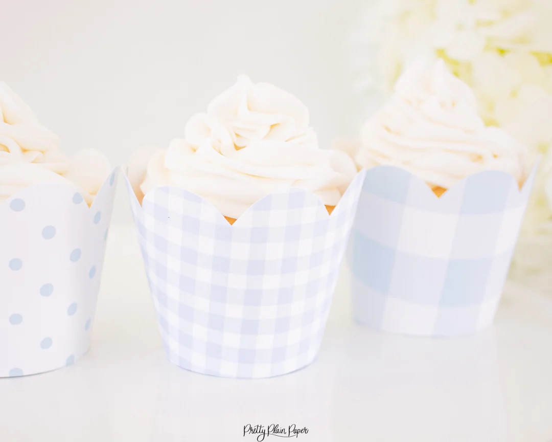 Light Blue Pattern Cupcake Wrappers Light Blue Gingham Cupcake Wrapper Template Printable Downloa... | Etsy (US)
