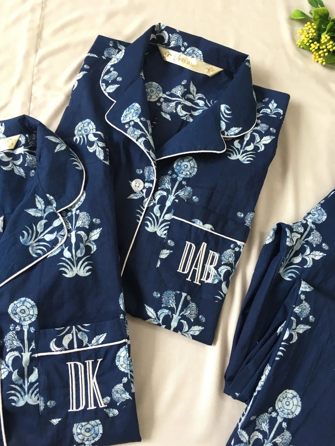 Indigo Floral Matching Cotton Pajamas Shirt short pant set for holidays or getting ready photosho... | Etsy (US)