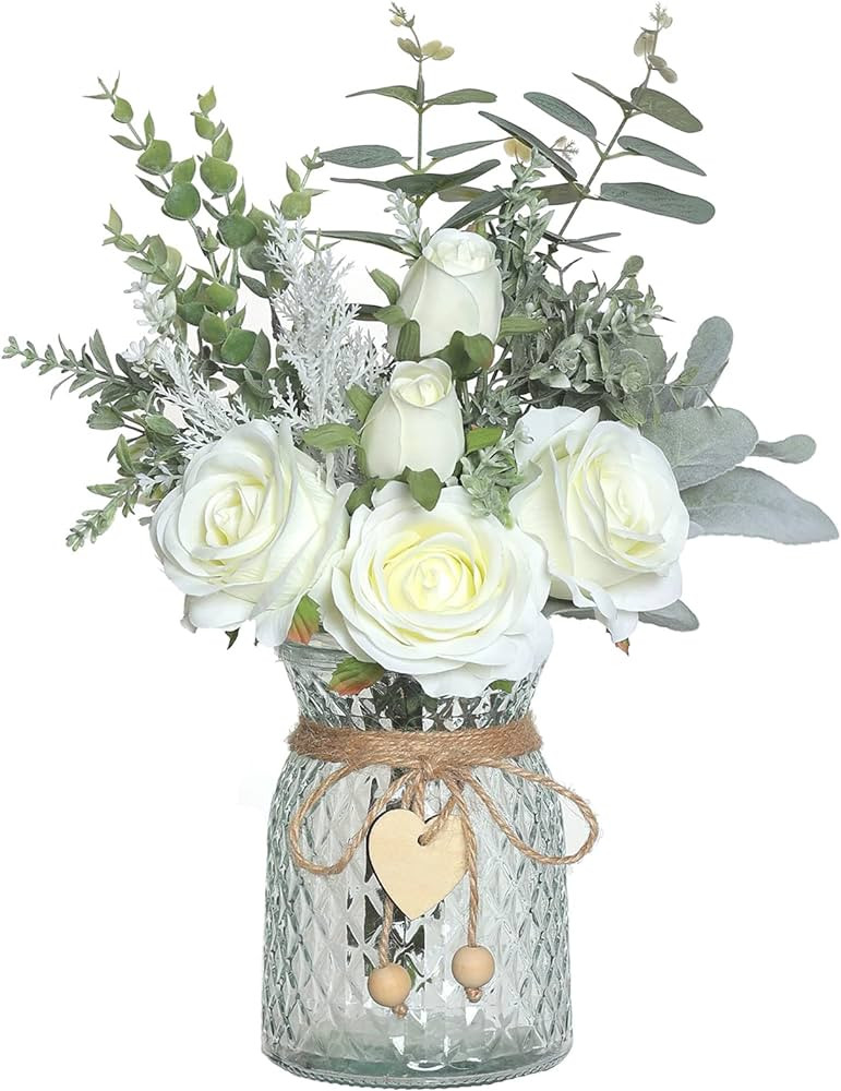 Faux Flowers with Vase,Artificial Silk Roses in Vase, Fake Plant Eucalyptus Flower Arrangement fo... | Amazon (US)