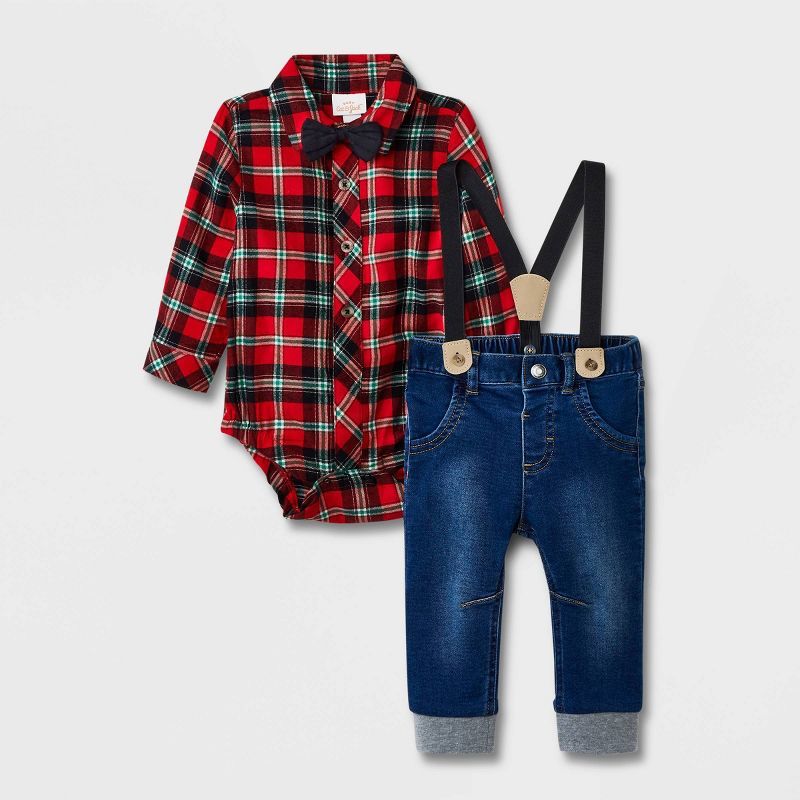 Baby Boys' Plaid Denim Suspender Set with Bowtie - Cat & Jack™ Red | Target