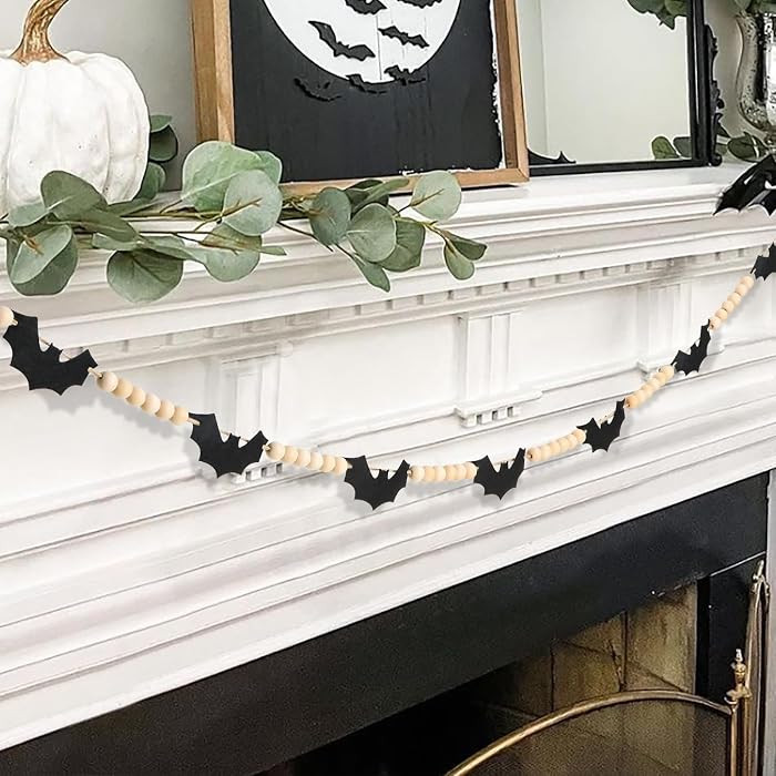 Halloween Decorations-Black Felt Bats Wood Beads Garland | Amazon (US)