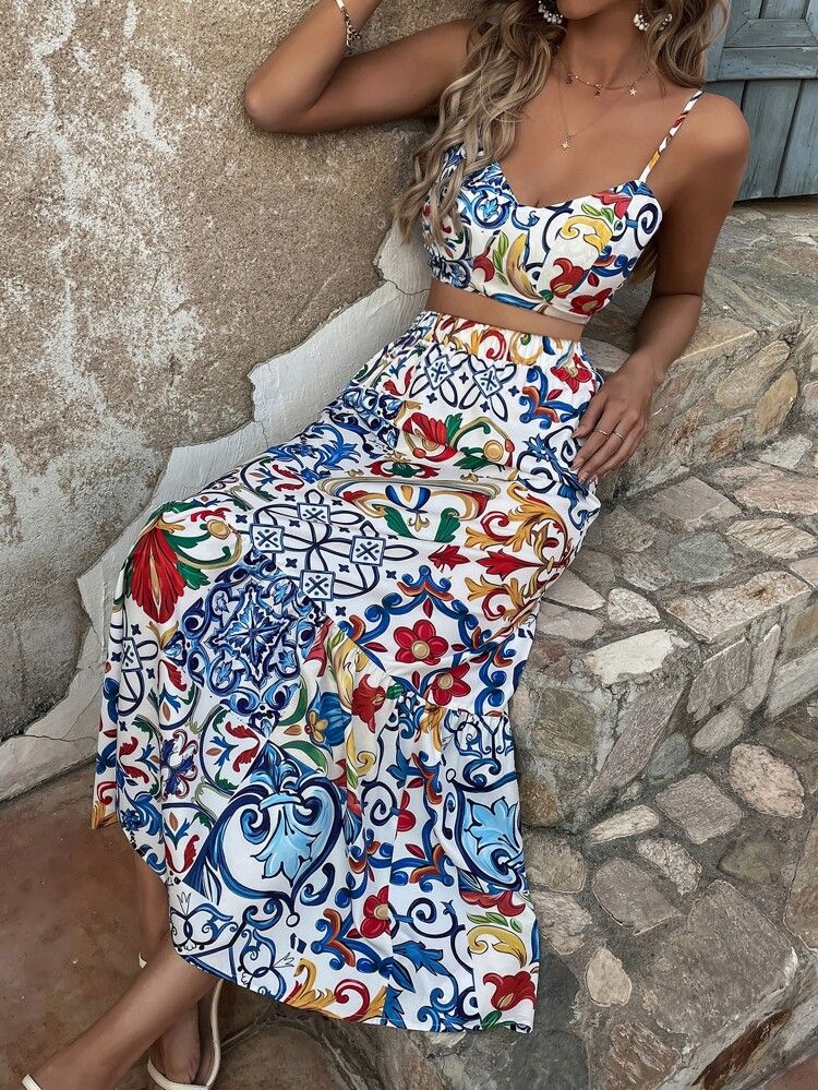 Floral & Geo Print Shirred Cami Top & Skirt | SHEIN