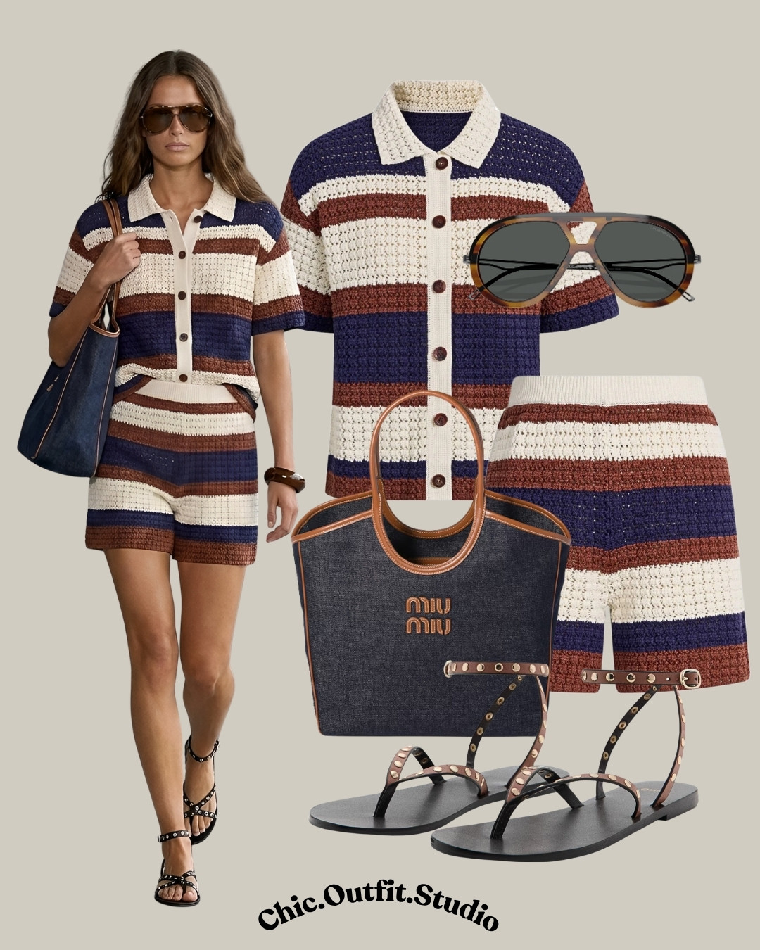 Crochet Cardigan and Shorts Set in Cotton-Linen Knit

✨The easiest way to look polished when it's sweltering is a chic matching set, and this striped crochet knit co-ord is giving major retro resort vibes. The navy, cream, and rust texture feels so luxe paired with studded gladiator flat sandals and that iconic Miu Miu denim tote bag. 
✨It’s the ultimate effortless outfit for European summer travels or casual seaside lunches. 
✨ Tags: crochet co-ord set summer, striped knit shorts set, navy and rust summer outfit, miu miu denim tote bag, studded gladiator flat sandals, retro resort wear women, european summer style, chic vacation outfit ideas, matching two piece set, textured summer knitwear, luxury resort outfit women, old money summer aesthetic, effortless travel look

#LTKsummer #LTKeurope #LTKstyletip