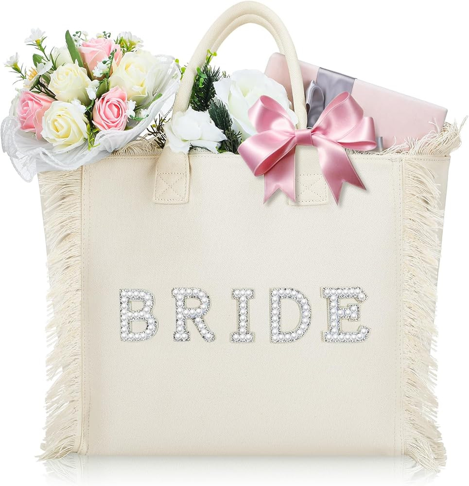 Huhumy 20 x 12 Inch Bride Tote Bag White Pearl Rhinestone White Patch Letter Bride Tote Bag Honey... | Amazon (US)