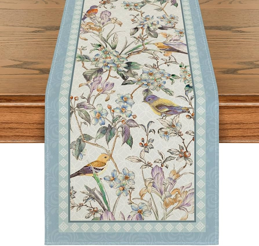 Artoid Mode Blue Birds Flowers Blossom Table Runner, Seasonal Spring Floral Kitchen Dining Table ... | Amazon (US)