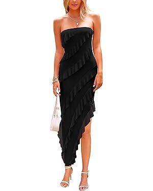 PRETTYGARDEN Womens Strapless Tube Asymmetrical Ruffle Maxi Bodycon Dress | Amazon (US)