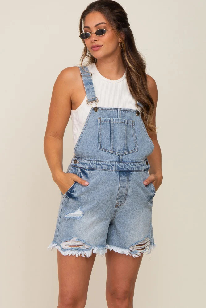 Blue Distressed Maternity Short Overalls | PinkBlush Maternity
