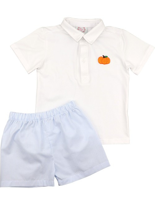 Blue Mini Stripe Pumpkin Polo Set - Shipping Mid-September | Cecil and Lou