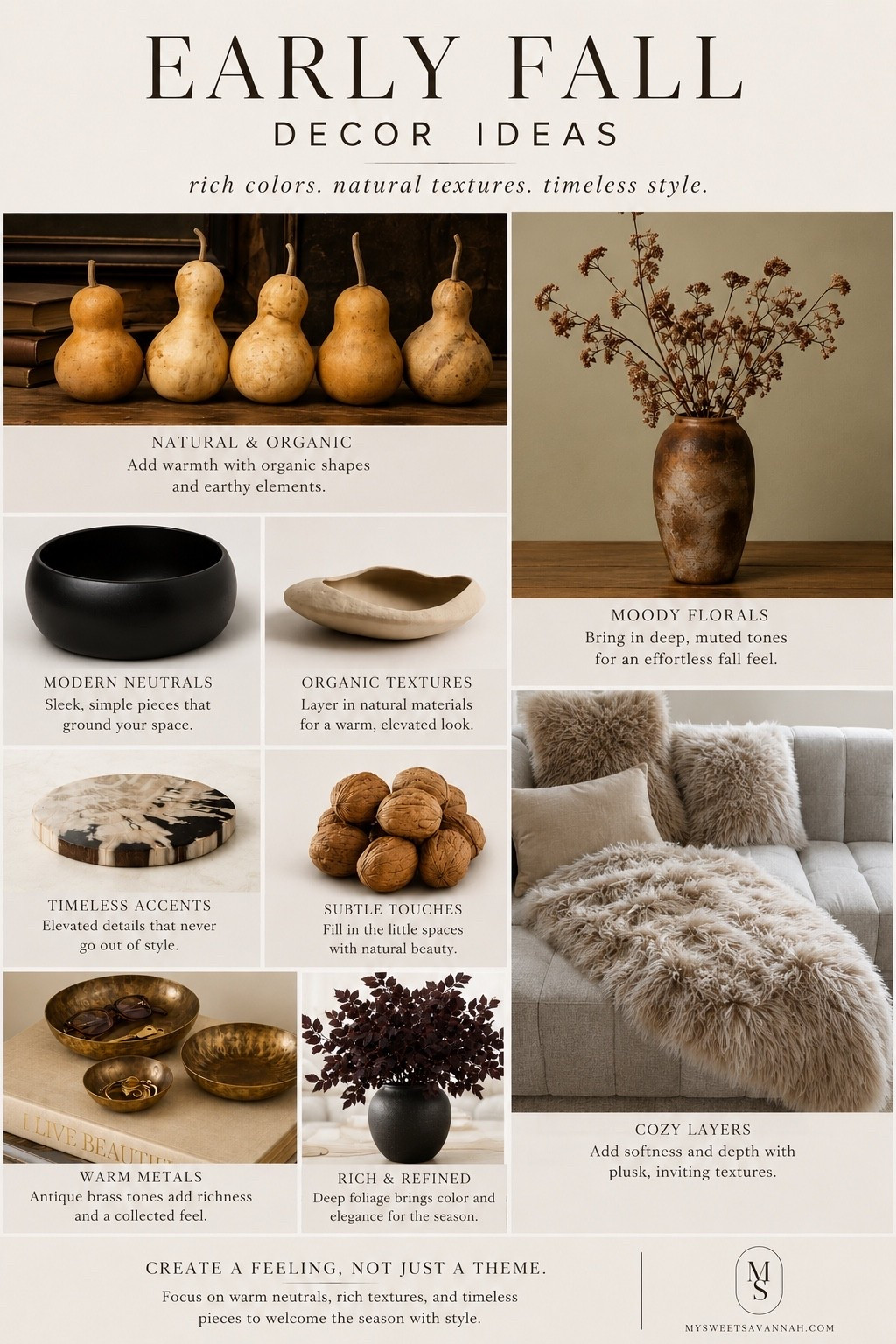 Rich Early Fall Decor | Warm Neutrals & Organic Layers

If your idea of fall is warm woods, earthy textures, and rich neutral tones instead of bright orange pumpkins, this collection is for you. Think dried botanicals, vintage-inspired brass, sculptural bowls, natural gourds, moody florals, and organic accents that make your home feel cozy without feeling overly seasonal.

#LTKSeasonal #LTKHome #LTKSaleAlert