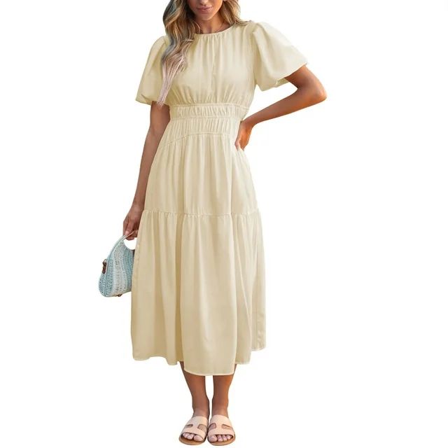 Dokotoo Womens Midi Dresses Casual Swing Ruffle Midi Dress Bubble Sleeve Round Neck Pleated Midi ... | Walmart (US)