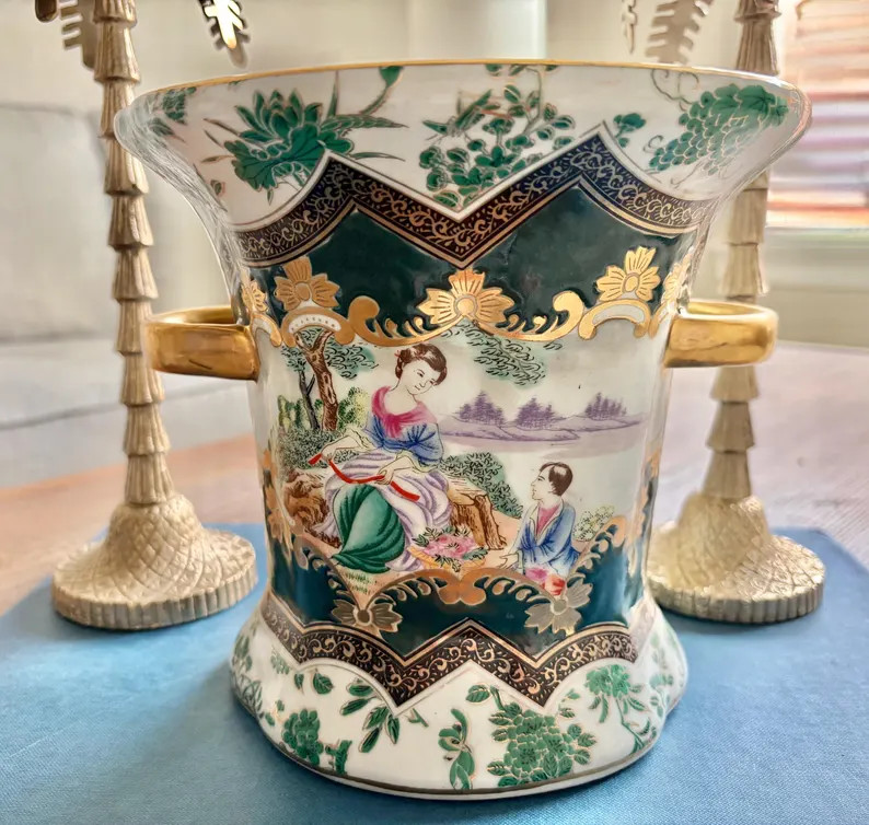 Vintage 2-sided Figural Porcelain Jardiniere, Green & Gold Chinoiserie Style, Decorative Urn - Et... | Etsy (US)
