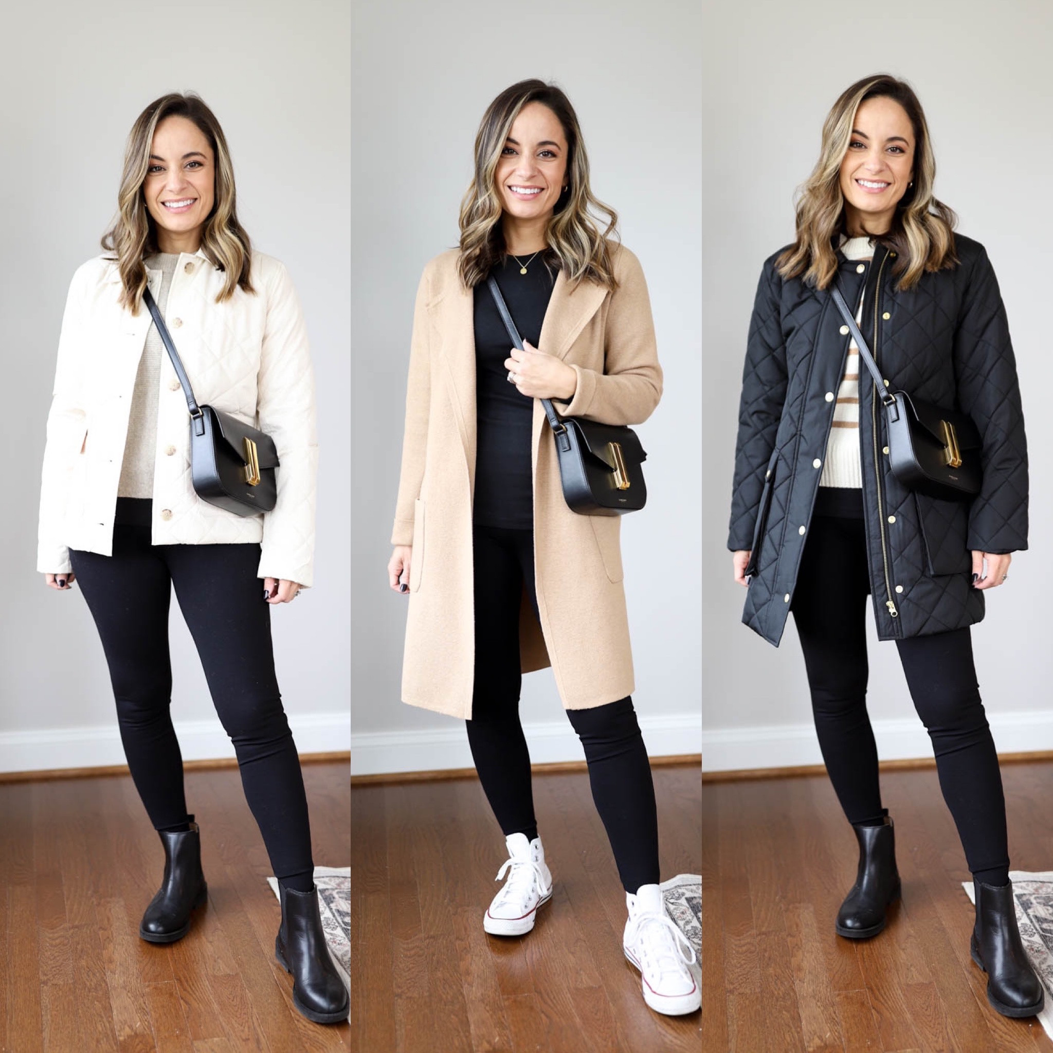 Fall capsule wardrobe 
Cream jacket: xxs 
Striped sweater: xxs
Leggings: xs short  
Taupe sweater: xxs 
Long cardigan: xxs 
Black t shirt: xs 
Black coat: petite 0/xs 
Boots and sneakers tts 

#LTKSeasonal