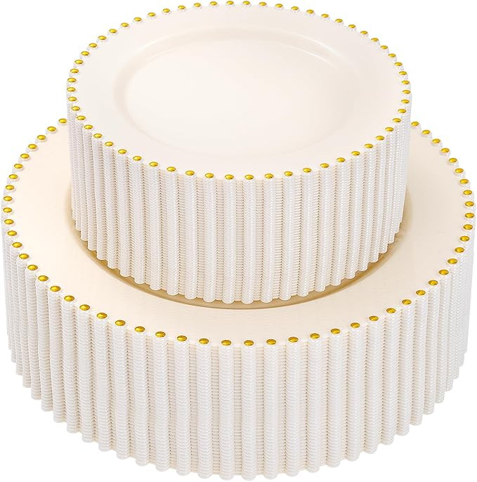 supernal 100pcs Ivory Plastic Plates with Gold Beads - Heavy Duty Elegant Disposable Plates Set I... | Amazon (US)