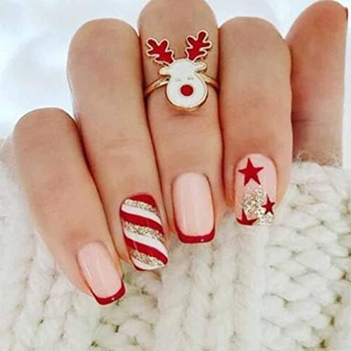Foccna Christmas Press on Nails Square Fake Nails Tips Coffin Women's French False Nails Medium Chri | Amazon (US)