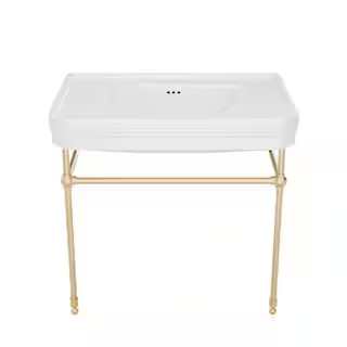 Valencia 31.8 in. L x 21 in. W Console Sink Basin in White Vitreous China Brushed Brass Legs with... | The Home Depot
