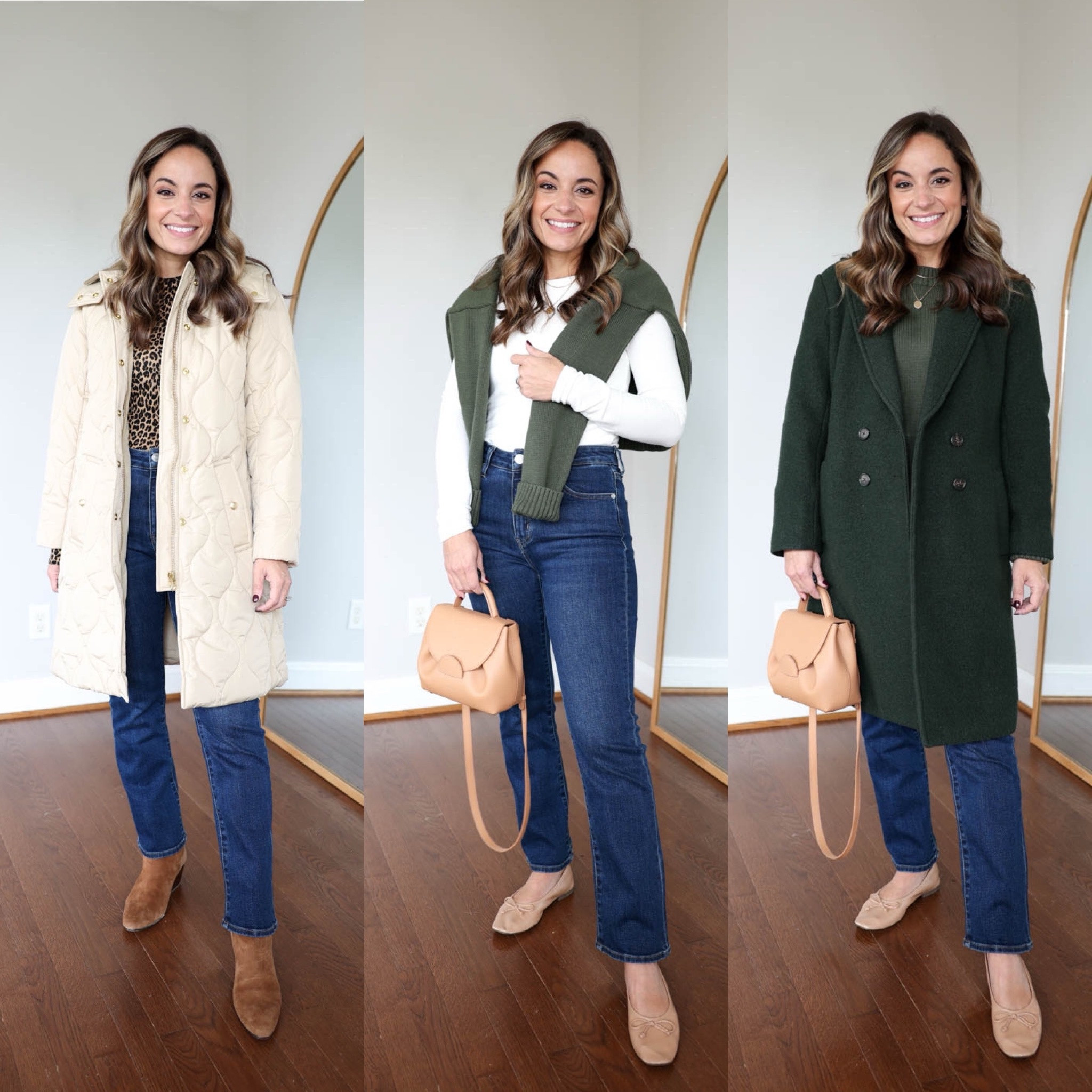 2024 fall casual capsule series: dark wash jeans! 

Leopard sweater (j.crew): xxs 
Green sweater (quince): xs 
Puffer coat (j.crew): petite xxs 
Green coat (j.crew): petite 00 
White t-shirt (gap): xxs 
Dark wash jeans (quince): 24, 26” inseam 
Tan bag is from Polene, the un nano in textured tan (unable to link it)

My measurements for reference: 4’10” 105lbs bust, waist, hips 32”, 24”, 35” size 5 shoe. 25” inseam measurement to my ankle bone.


#LTKFallSale #LTKSeasonal