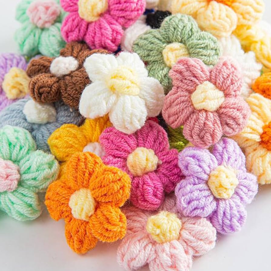 Ewanda store 100Pcs Crochet Flowers Puff Flowers Knitted Yarn Flowers Handmade Crochet Flowers fo... | Amazon (US)