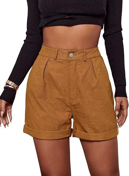 Milumia Women High Waisted Corduroy Shorts Rolled Hem Solid Shorts with Pocket | Amazon (US)