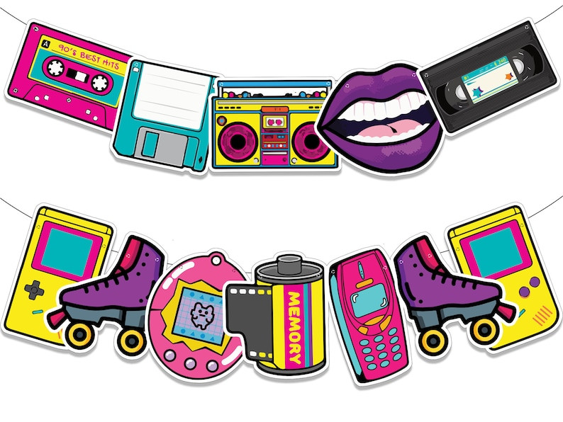Instant Download- 90s Party Banner- Retro Birthday Decorations- Throwback DIY Clipart Banner- 90s... | Etsy (US)