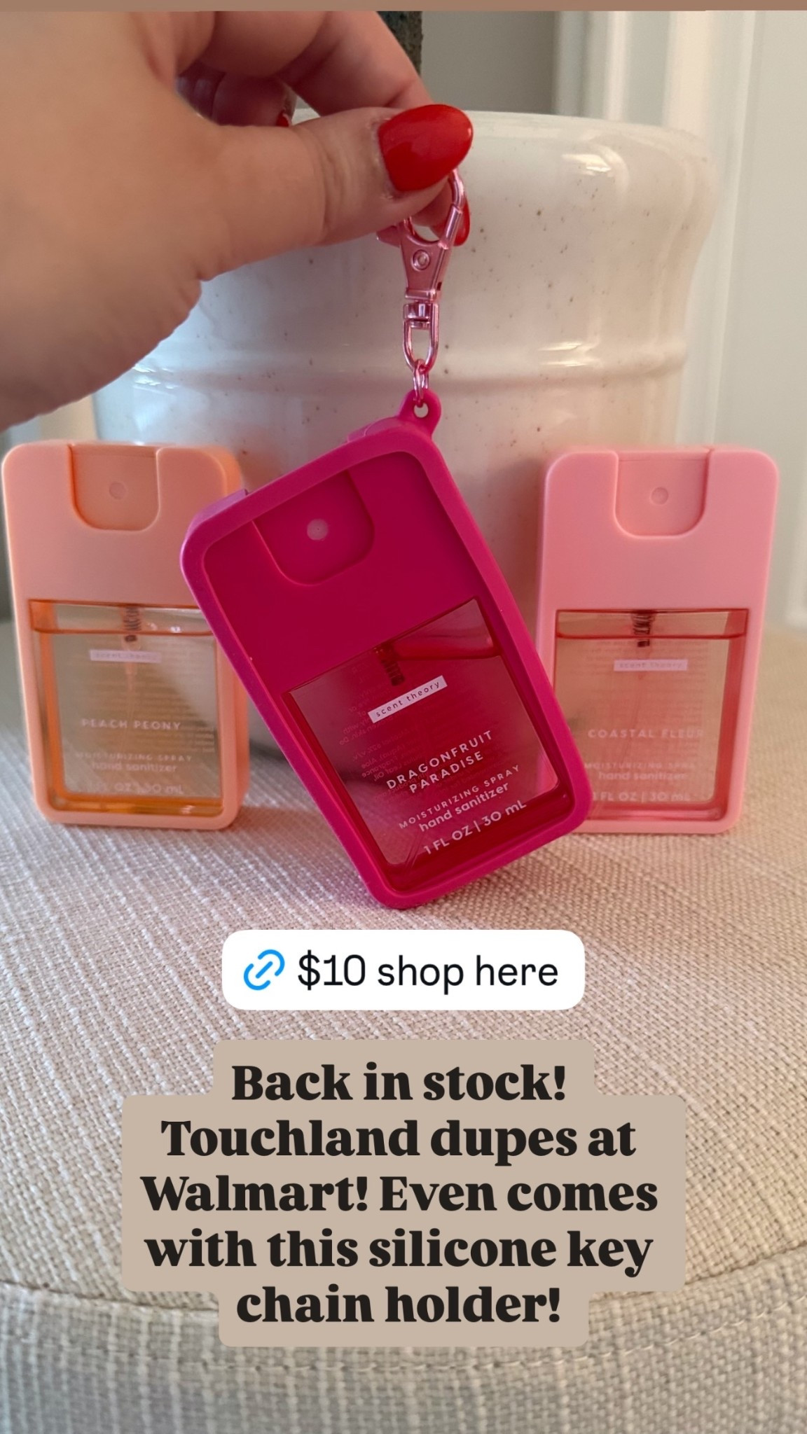 Back in stock! 
Touchland dupes at Walmart! Even comes with this silicone key chain holder!