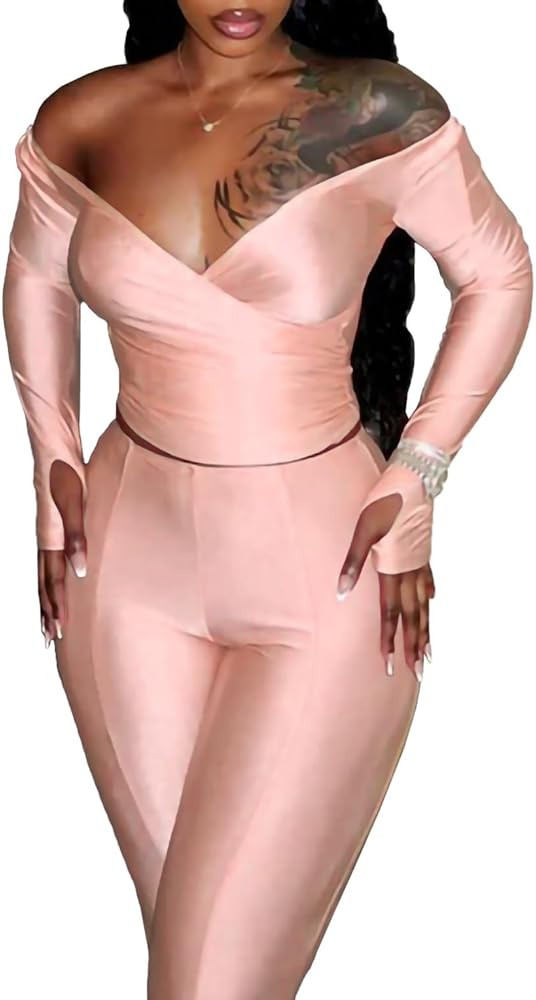 SUZONANA Women Two Piece Outfits Sexy Off Shoulder Tops Bodycon Flared Pant Sets Club Outfits Tra... | Amazon (US)