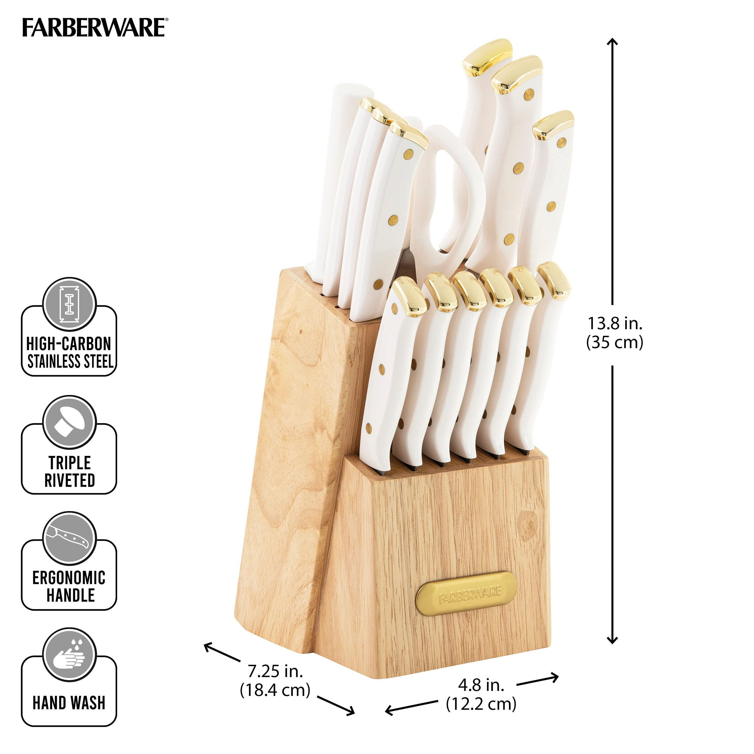 Farberware Triple Riveted Knife Block Set, 15-Piece, White and Gold | Amazon (US)