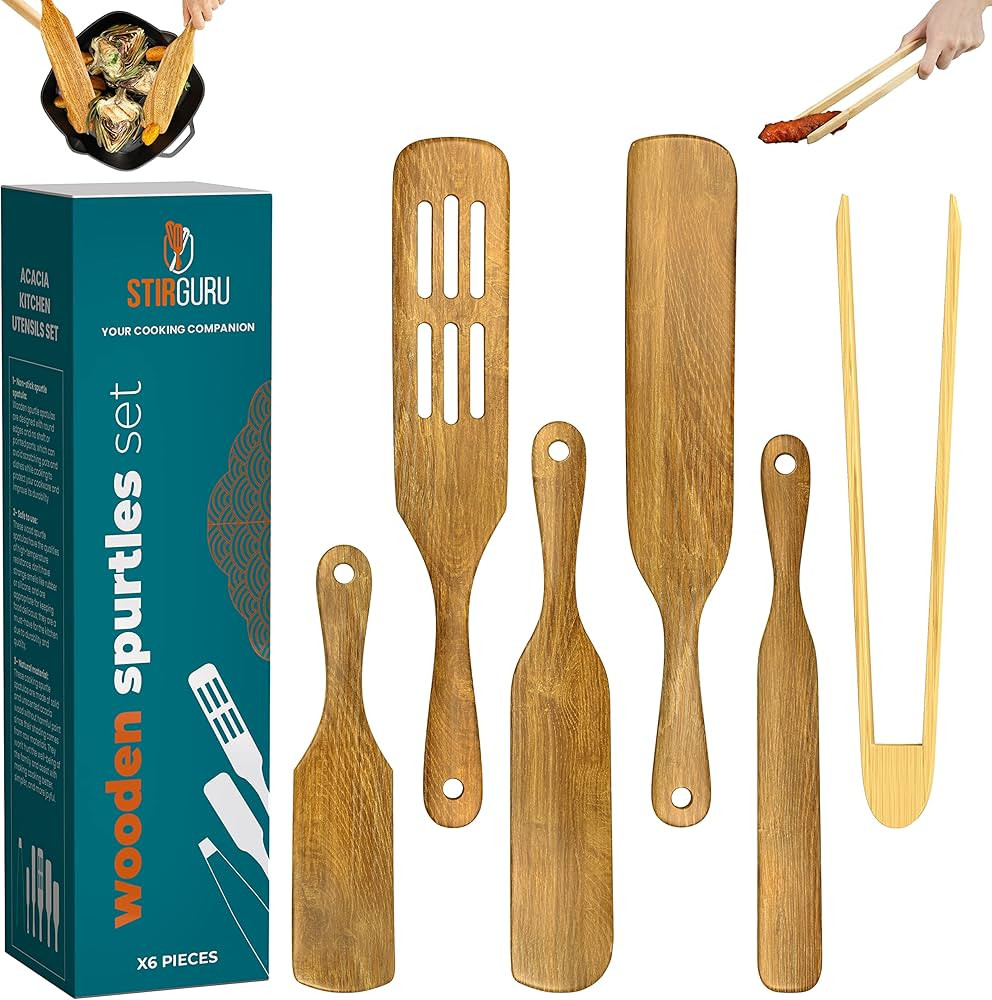 Stirguru Set Of 5 Wooden Spurtle Set + 1 Toaster Tong To Stir And Serve Like A Whiz - Spurtles Ki... | Amazon (US)