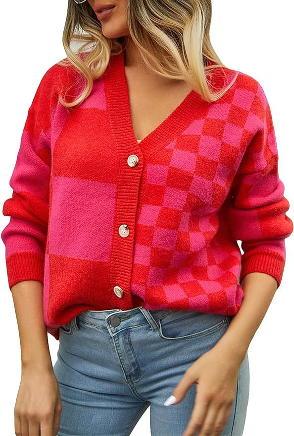 WDIRARA Women's Plaid Printed V Neck Button Front Long Sleeve Drop Shoulder Casual Cardigan Sweat... | Amazon (US)