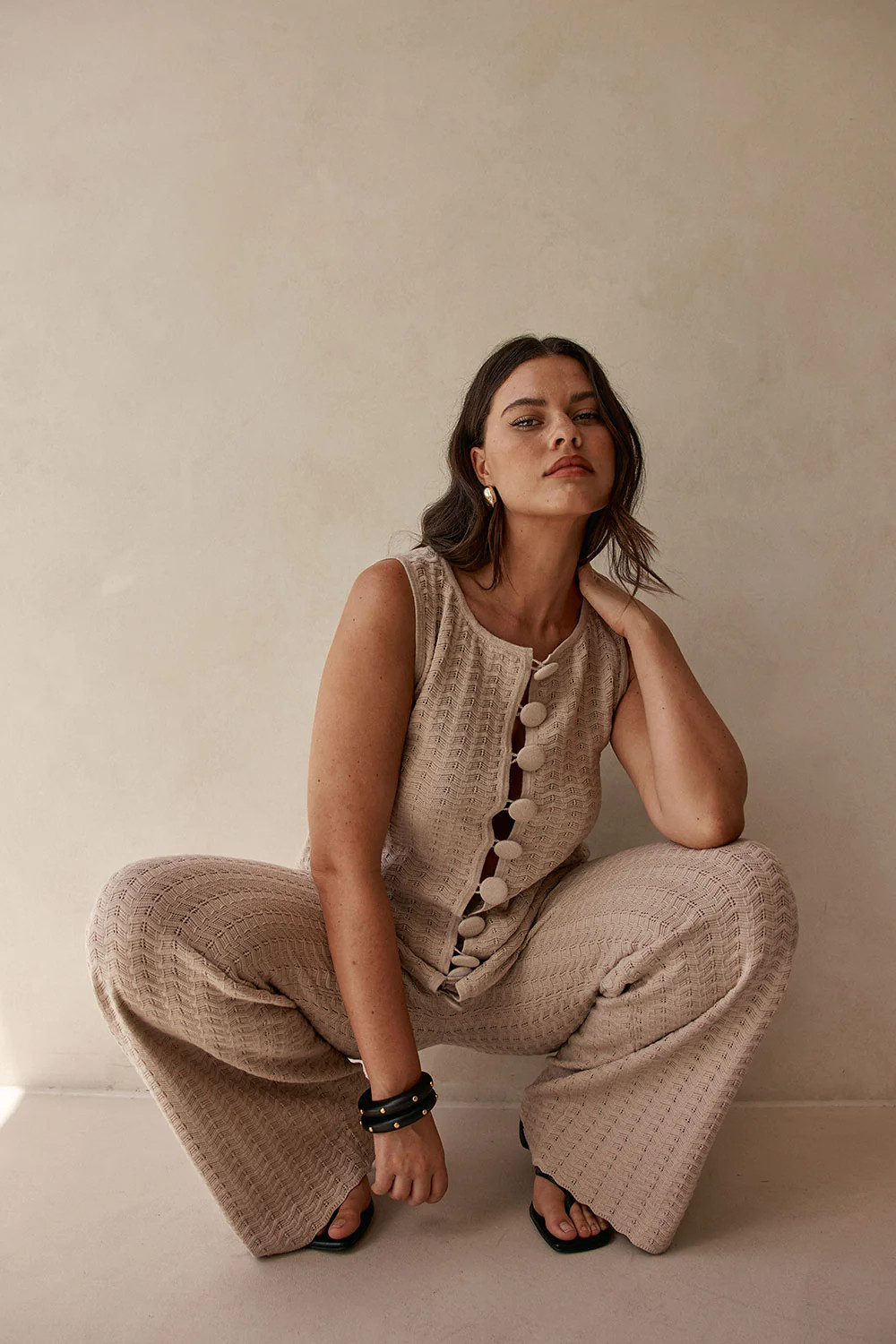 Beige Cotton Knit High Waist Lilah Pants | Sabo Skirt US