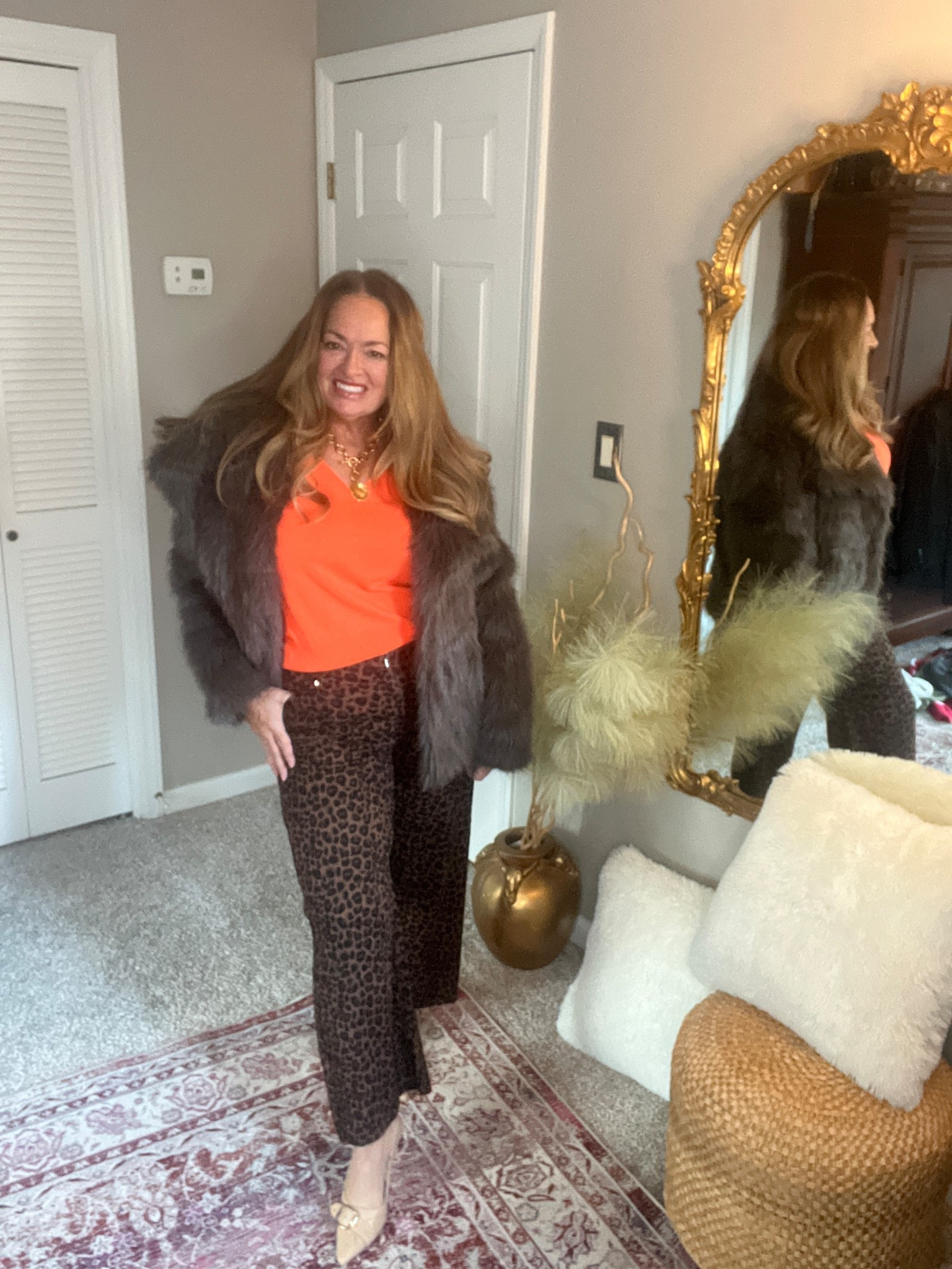 Faux fur jacket and leopard print denimm