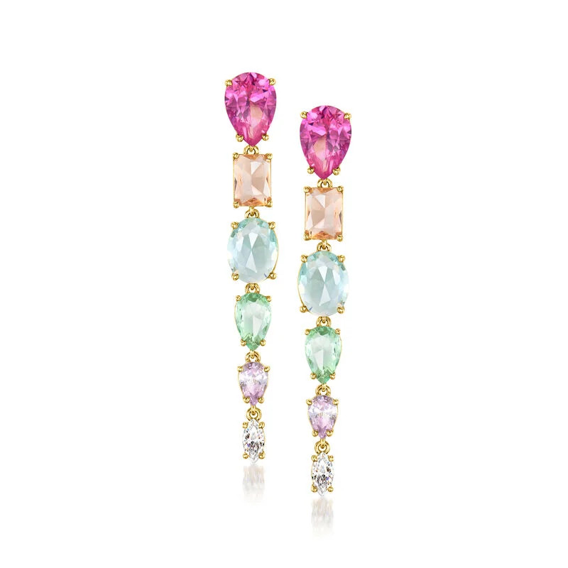 18kt Yellow Gold-Plated Drop Earrings with Simulated Multicolored Gemstones and .50 ct. t.w. CZs | Ross-Simons