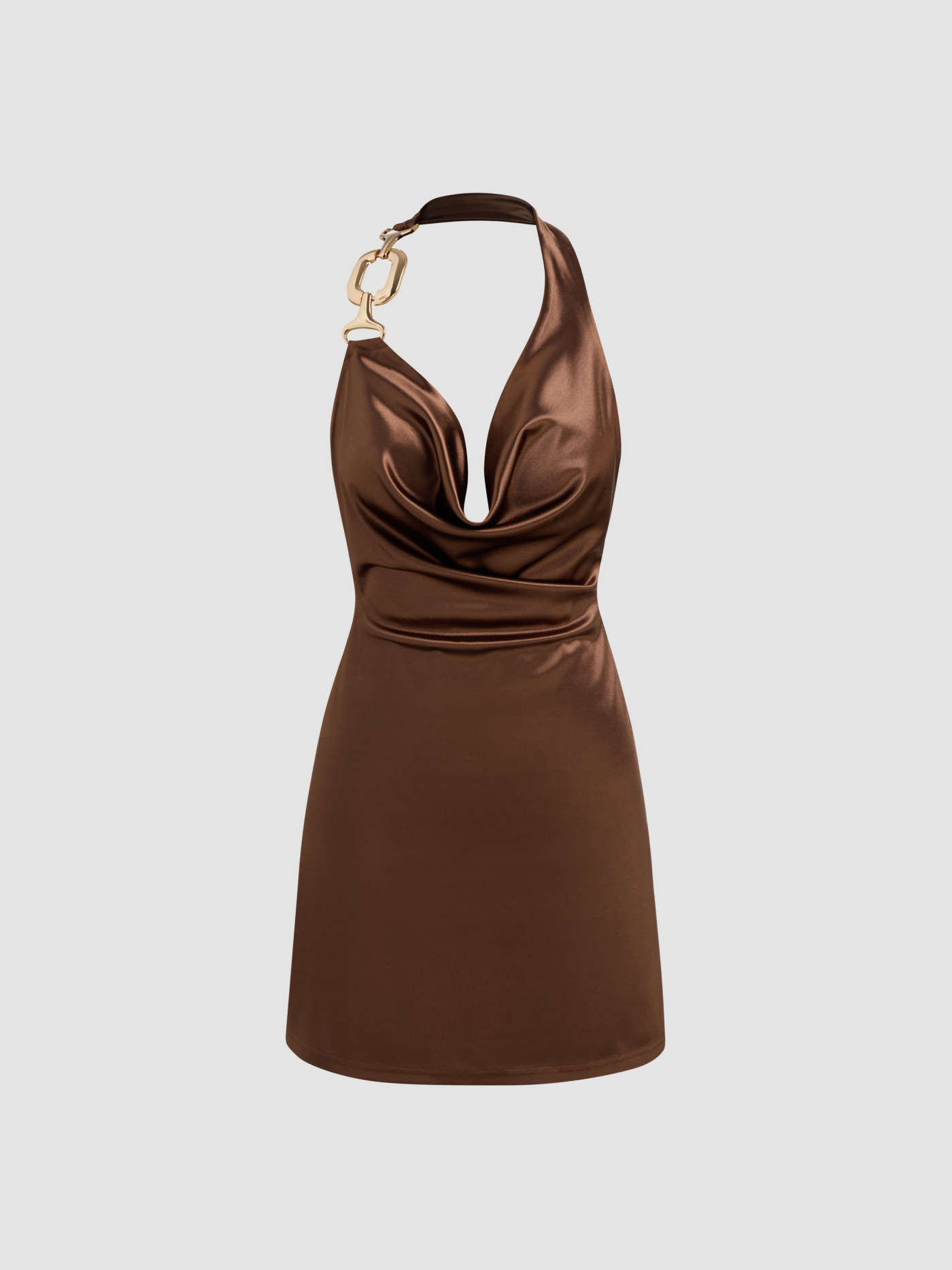 Halter Neckline Solid Chain Detail Backless Ruched Mini Dress | Cider