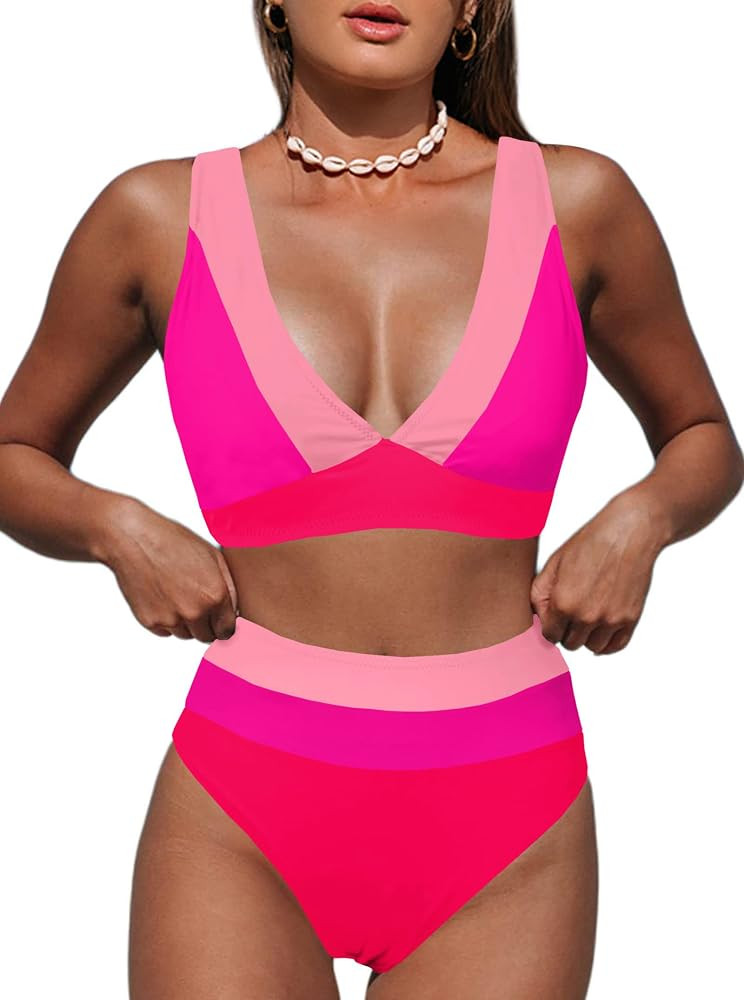 Hilinker Women's Leopard Bikini Swimsuits V Neck High Waisted 2 Piece Bathing Suits | Amazon (US)