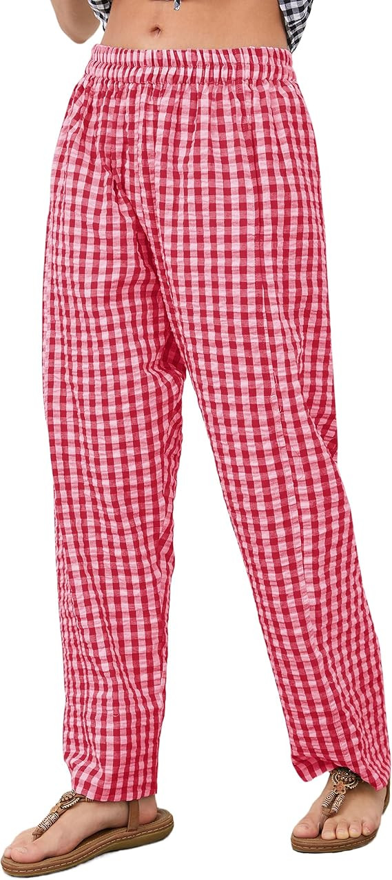 Livtany Women's Mid-Rise Plaid Wide Leg Lounge Long Pant Classic Gingham Print Stretchy Elastic W... | Amazon (US)