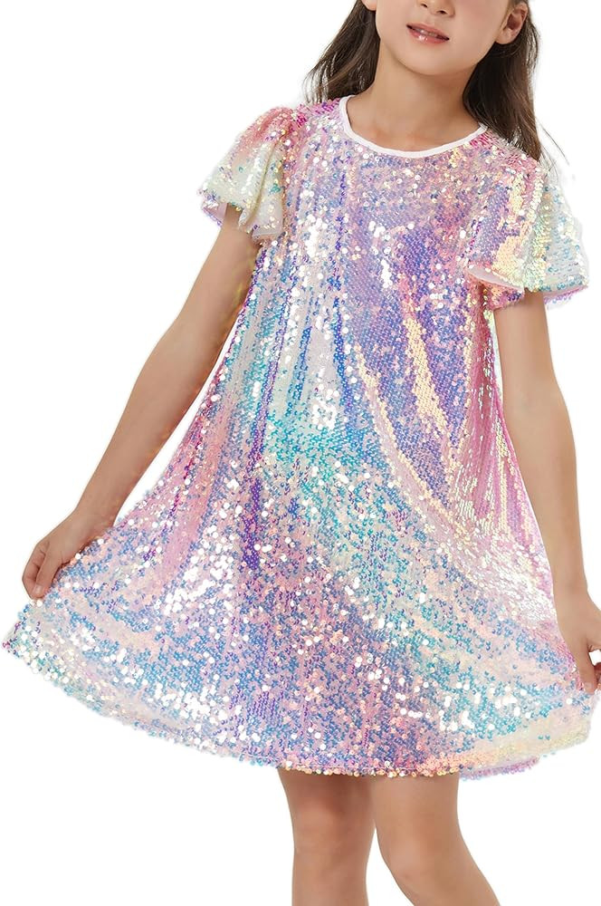 Girls Sequin Dress Shiny Short Flutter Sleeve Midi Sparkly Party Dress with Hairbow | Amazon (US)