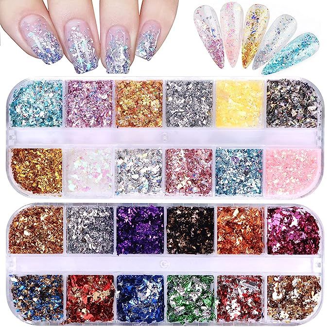 24 Grid Holographic Nail Art Foil Flakes, EBANKU Nail Foil Flakes Glitter Nail Sequins Confetti G... | Amazon (US)