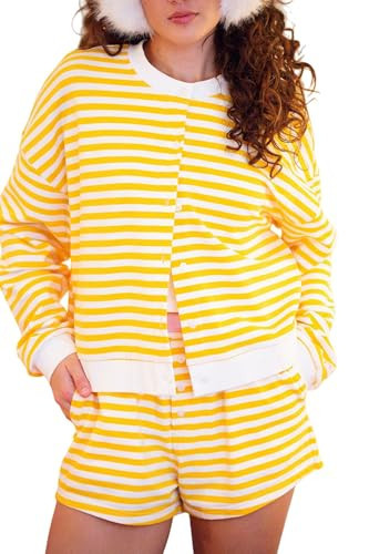 UAURORAO Women Striped Shorts Set Long Sleeve Button Down Cardigan Wide Leg Boxers 2 Piece Matching Outfits (Preppy Yellow, Medium) | Amazon (US)
