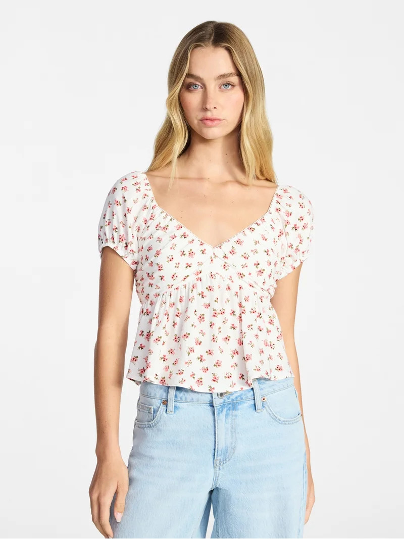 No Boundaries Picot Trim Babydoll Top, Women’s XXS-XXL | Walmart (US)